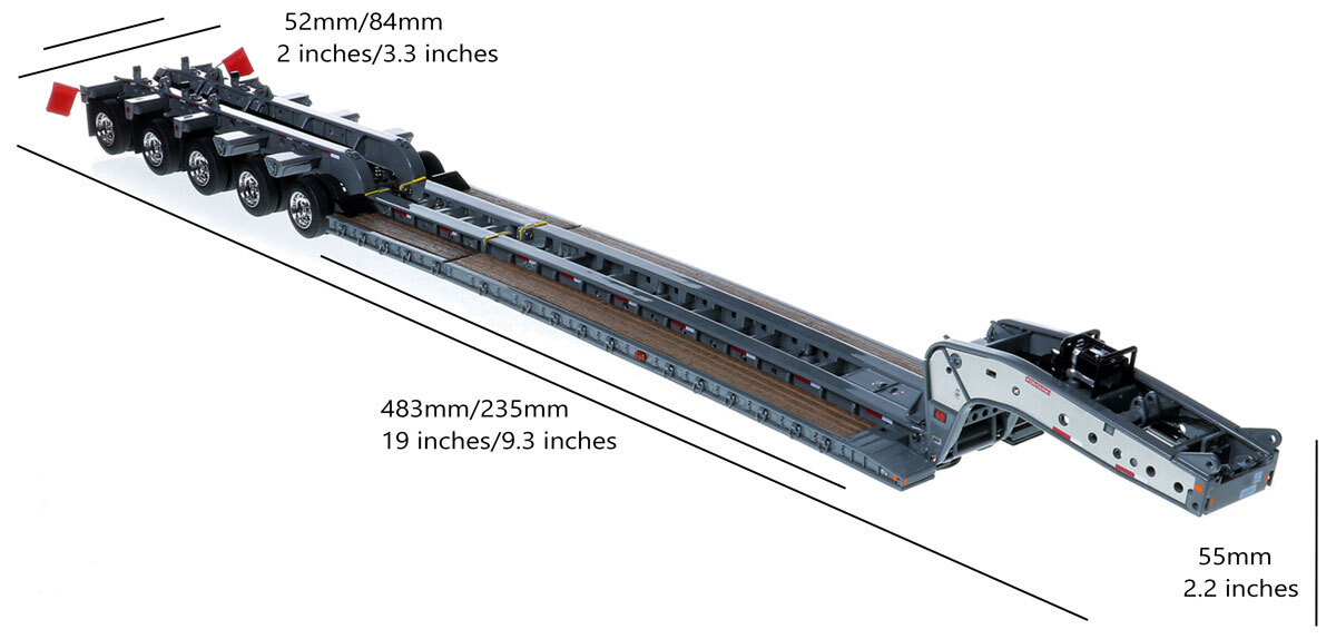 Dimensions for 1:50 Scale Diecast Model of  Fontaine Magnitude 80 - 100-Ton 5-Axle Step Deck Trailer - Gunmetal Grey
