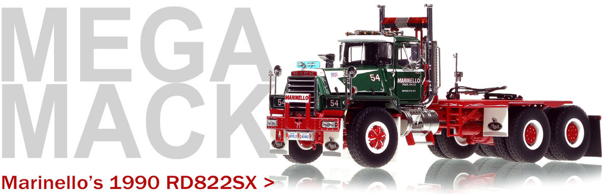 1:50 scale, fully-functional diecast model of Marinello Truck Sales 1990 Mack RD822SX - Mega Mack