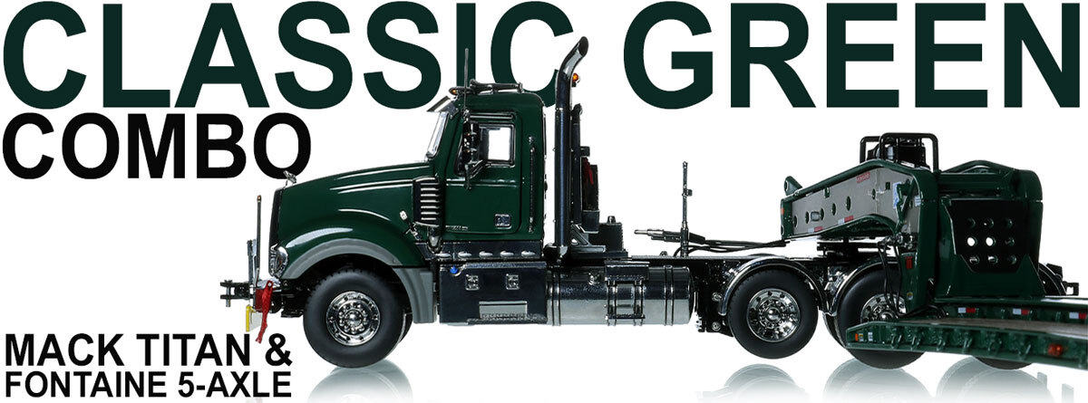 1:50 scale diecast model of Mack Titan Tri-Axle with Fontaine 100-Ton 5-Axle Drop Side Rail Trailer - Orange 2010