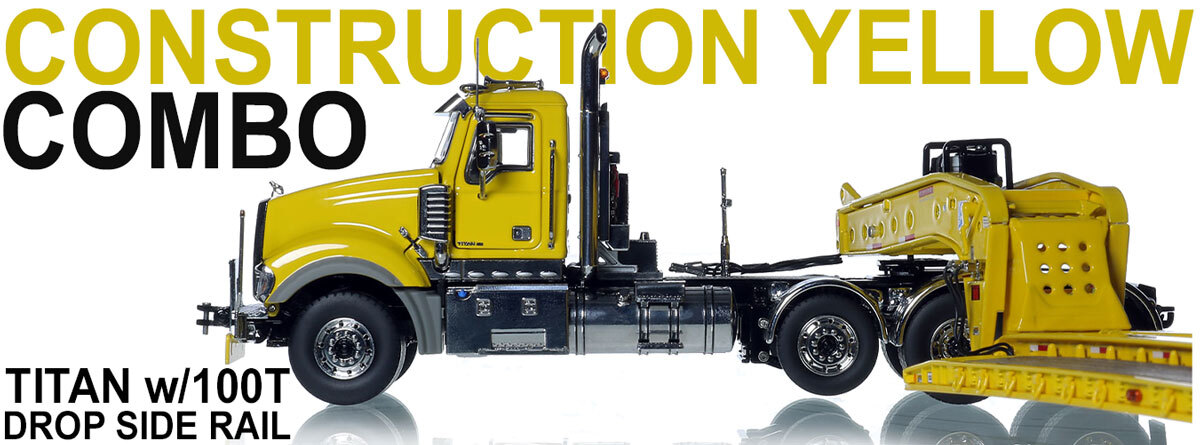 1:50 scale diecast model of Mack Titan Tri-Axle with Fontaine 100-Ton 5-Axle Drop Side Rail Trailer - Yellow 1021