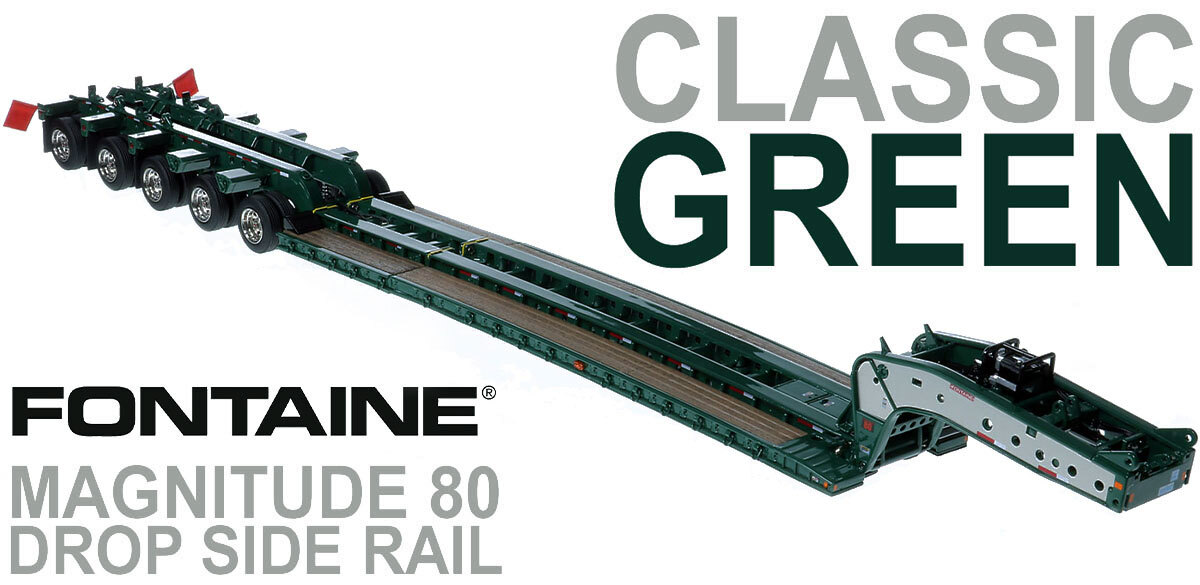 1:50 scale diecast model of Fontaine Magnitude 80 - 100-Ton 5-Axle Drop Side Rail Trailer - Green 6005