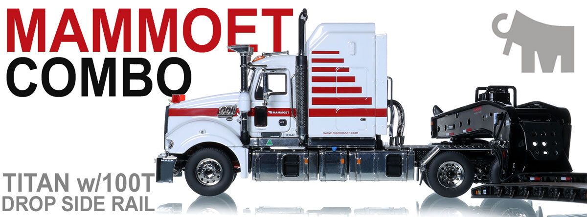 1:50 scale diecast model of Mammoet 1995 Mack RD822SX with Mammoet 1950s Rogers 90-Ton Beam Trailer