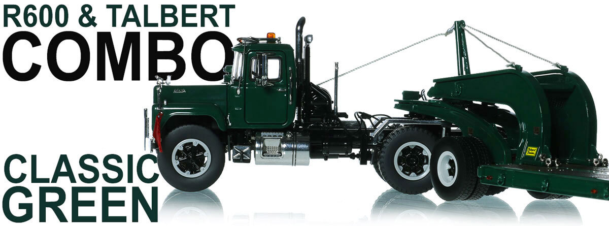 1:50 scale diecast models of  1:50 Scale Diecast Model of Green 6005 Mack R600 with Green 6005 Talbert 60-Ton Cableneck Lowbed with Single-Axle Dolly Mack R600 with Talbert 60-Ton Cableneck Lowbed Trailer - Green 6005