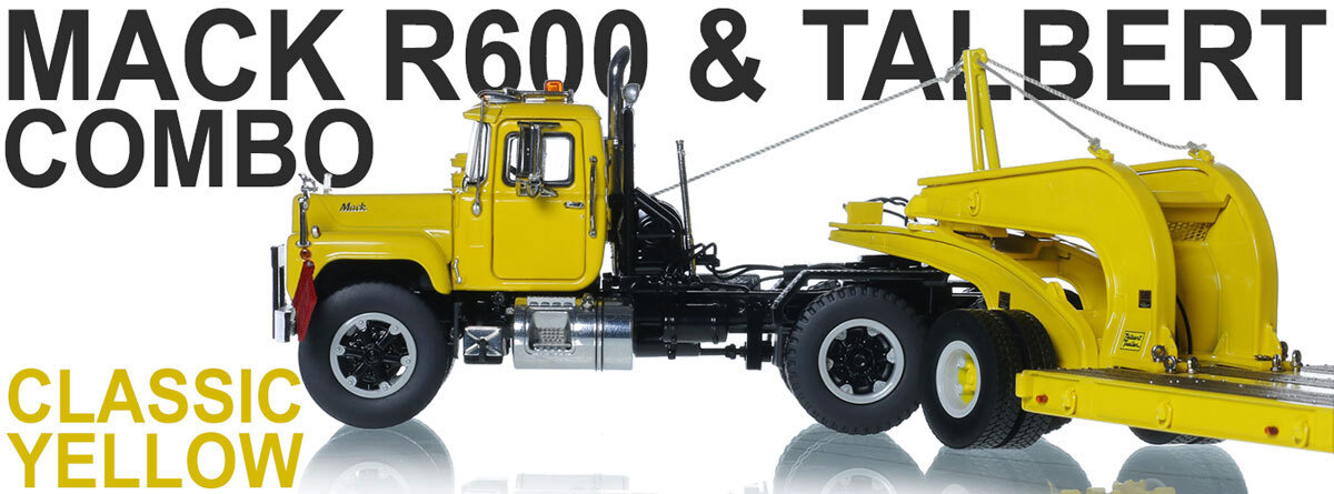1:50 scale diecast model of Mack R600 with Talbert 60-Ton Cableneck Lowbed Trailer - Yellow 1021