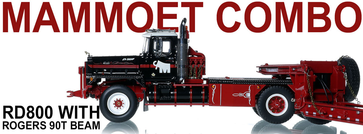 1:50 scale diecast models of  1:50 Scale Diecast Model of Mammoet Mack Titan with Black Fontaine 100-Ton 5-Axle Drop Side Rail Trailer Mammoet Mack Titan with Black Fontaine 100-Ton 5-Axle Drop Side Rail Trailer