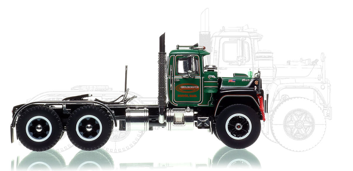 1:50 scale diecast model of G. Greene Construction 1977 Mack R612SX tandem axle tractor