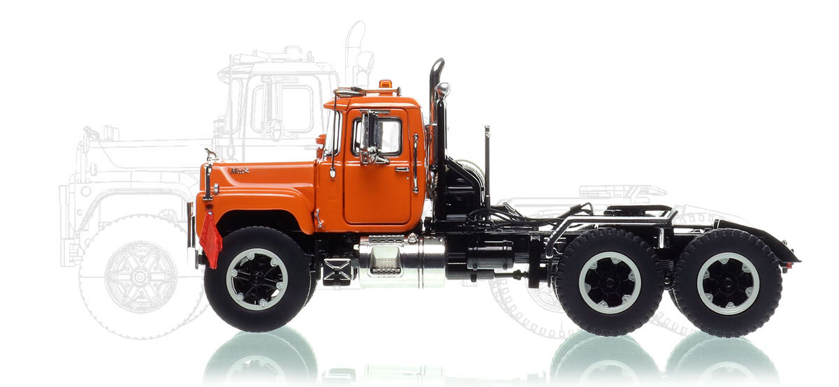 1:50 scale diecast model of Mack R600 Tandem Axle Tractor - Orange 2010 over Black
