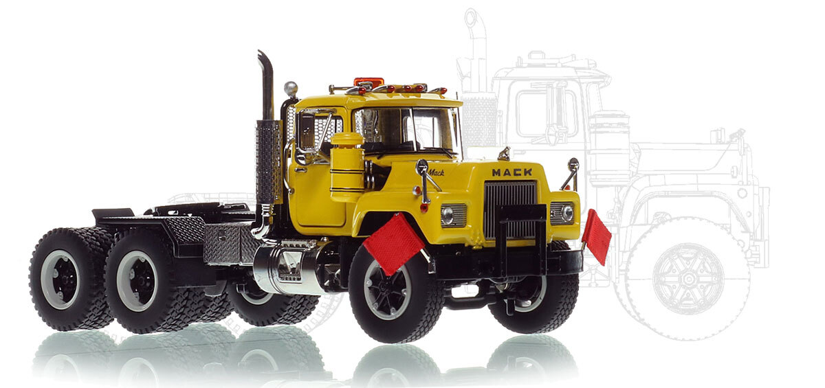 1:50 scale diecast model of Mack R600 Tandem Axle Tractor - Yellow 1021 over Black
