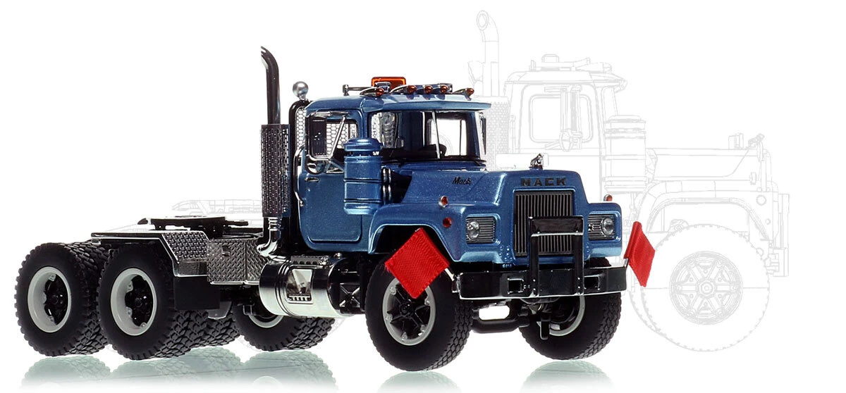 1:50 scale diecast model of Mack R600 Tandem Axle Tractor - Metallic Light Blue