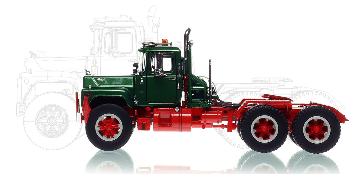 1:50 scale diecast model of  Mack R600 Tandem Axle Tractor - Green 6035 over Viper Red