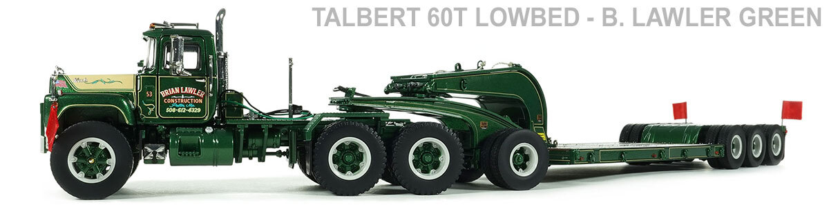 1:50 Scale Diecast Model of 1960s Talbert 60-Ton Cableneck Lowbed with Single-Axle Dolly - B. Lawler Green