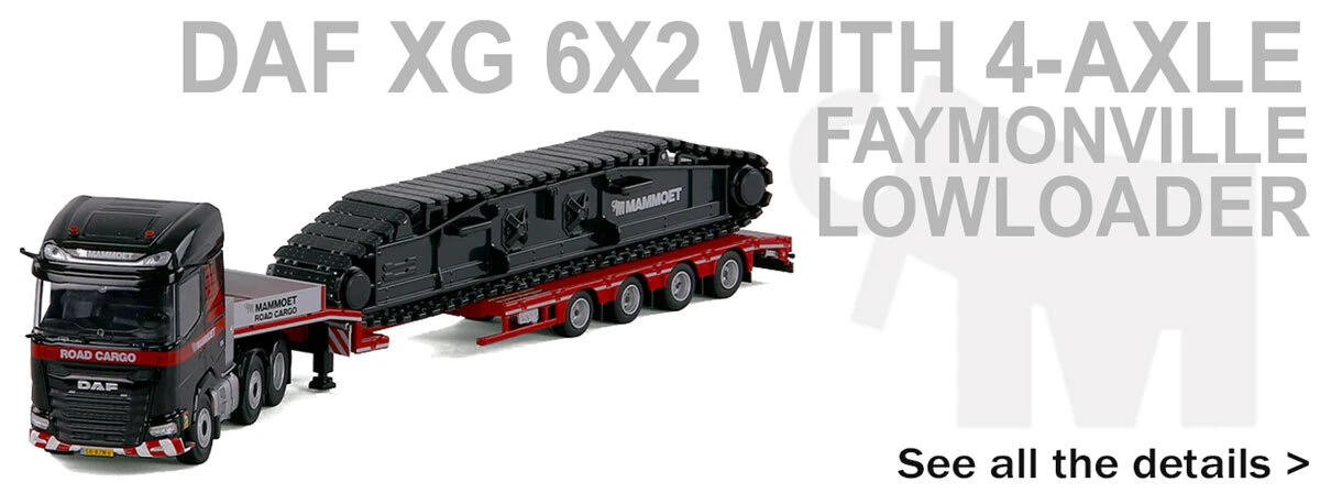 1:50 diecast scale model of Mammoet DAF XG 6x2 with 4-Axle Faymonville Lowloader and Crawler