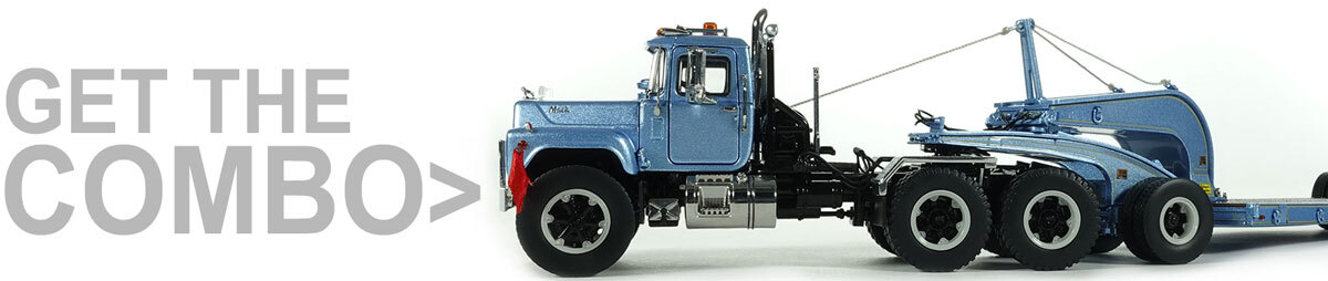 1:50 Scale Diecast Model of Mack R600 with Talbert 60-Ton Cableneck Lowbed Trailer - Metallic Light Blue