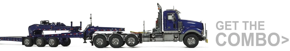 1:50 Scale Diecast Model of Mack Titan Tri-Axle with Fontaine 3x3x3 Flat Level Deck Trailer - Metallic Blue