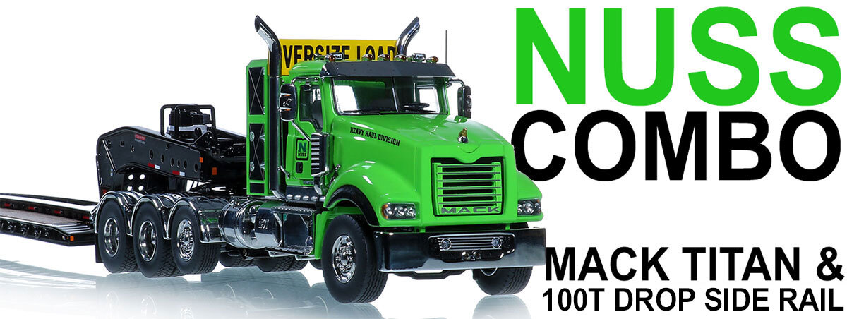 1:50 scale diecast models of Nuss Mack Titan Tri-Axle with Black Fontaine 100-Ton 5-Axle Drop Side Rail Trailer