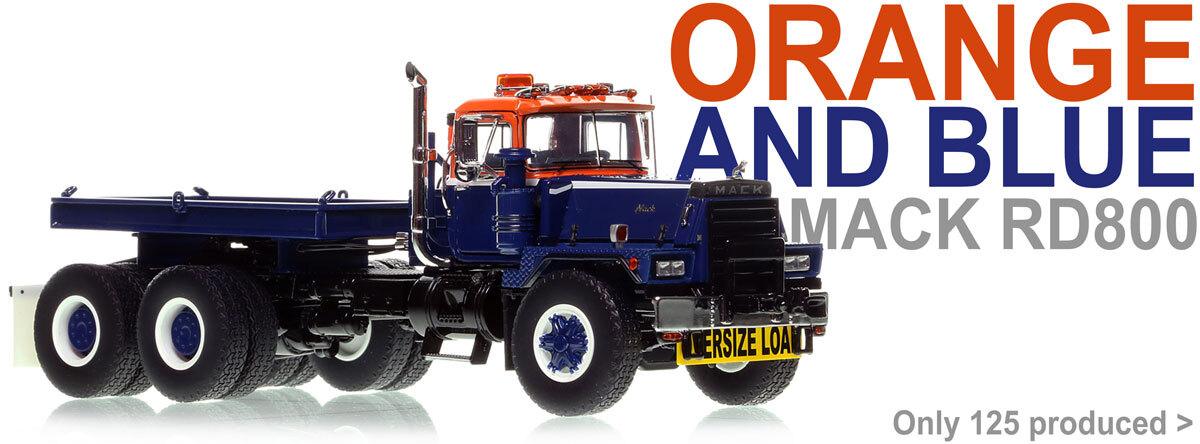 1:50 diecast scale model of Mack RD800 Tandem Axle Tractor with Ballast Tray - Orange/Blue over Black