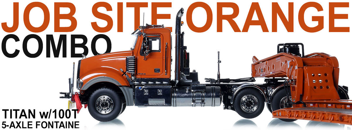 1:50 scale diecast model of Mack Titan Tri-Axle with Fontaine 100-Ton 5-Axle Drop Side Rail Trailer - Orange 2010