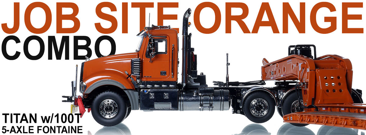 1:50 scale diecast model of Mack Titan Tri-Axle with Fontaine 100-Ton 5-Axle Drop Side Rail Trailer - Orange 2010
