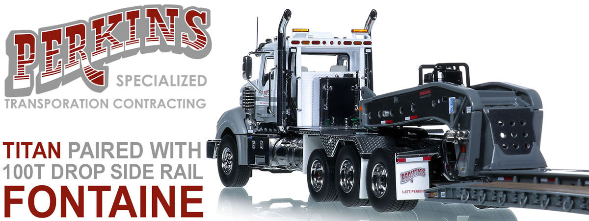 1:50 scale diecast model of Perkins STC Mack Titan Tri-Axle with Gunmetal Grey Fontaine 100-Ton 5-Axle Step Deck Trailer