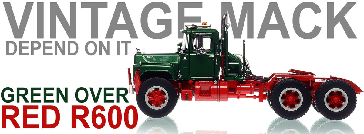 1:50 scale diecast model of Mack R600 Tandem Axle Tractor - Green 6035 over Viper Red