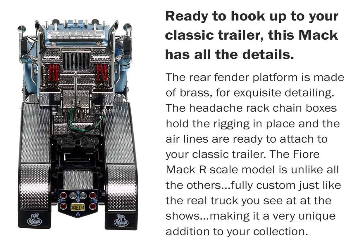 All the details of the 1:50 scale diecast model of Fiore Asphalt Paving 1987 Mack R686ST tandem axle tractor