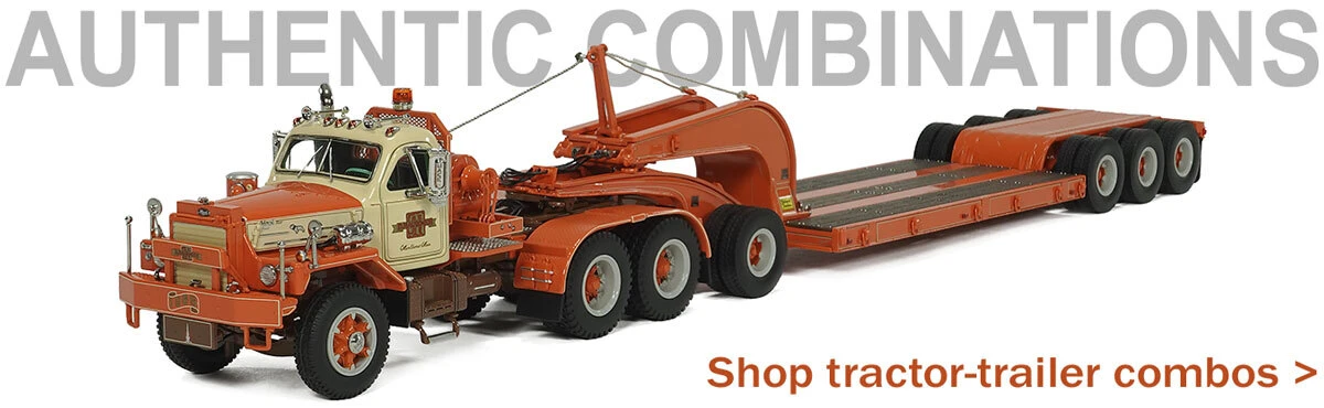 1:50 scale diecast models of tractor-trailer combinations by Heavy Haul Replicas