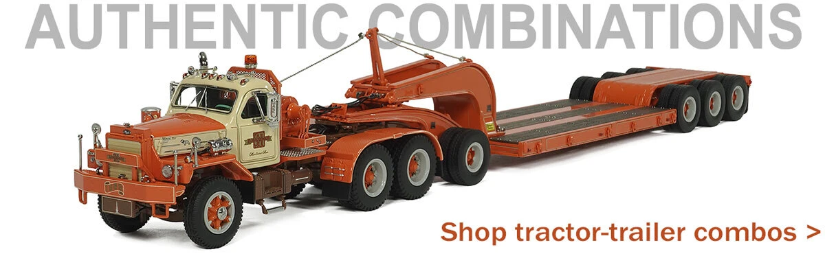 1:50 scale diecast models of tractor-trailer combinations by Heavy Haul Replicas