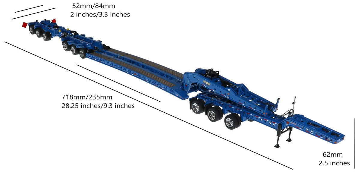 Dimensions of 1:50 Scale Diecast Model of Sid Kamp Trucking Fontaine Magnitude 80 - 3x3x3 Flat Level Deck Trailer