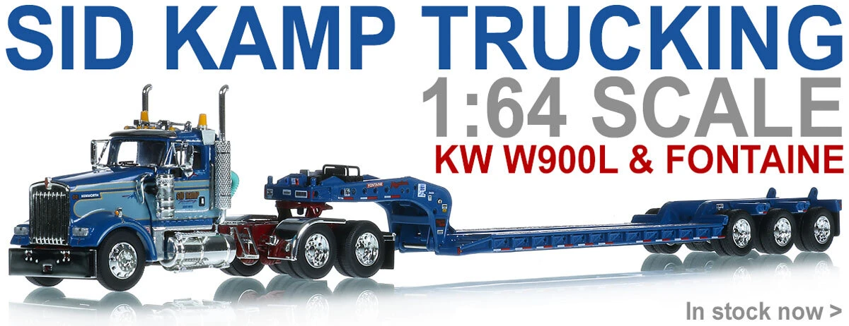 1:64 Scale Diecast Model of Sid Kamp Trucking Kenworth W900L Day Cab with Fontaine Magnitude Tri-Axle Level Deck Trailer