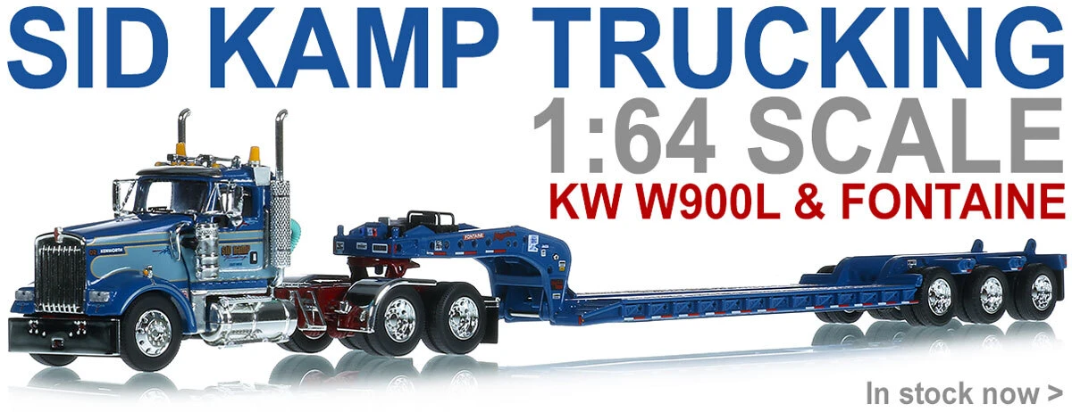 Diecast Model of 1:64 Scale Sid Kamp Trucking Kenworth W900L Day Cab with Fontaine Magnitude Tri-Axle Level Deck Trailer