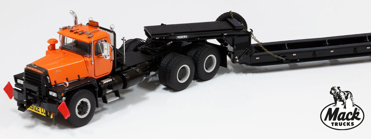 1:50 scale model of Mack RD800 Tandem Axle Tractor with Ballast - Orange over Black