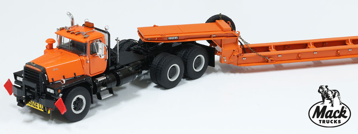 1:50 scale diecast model of Mack RD800 Tandem Axle Tractor with Ballast - Orange over Black
