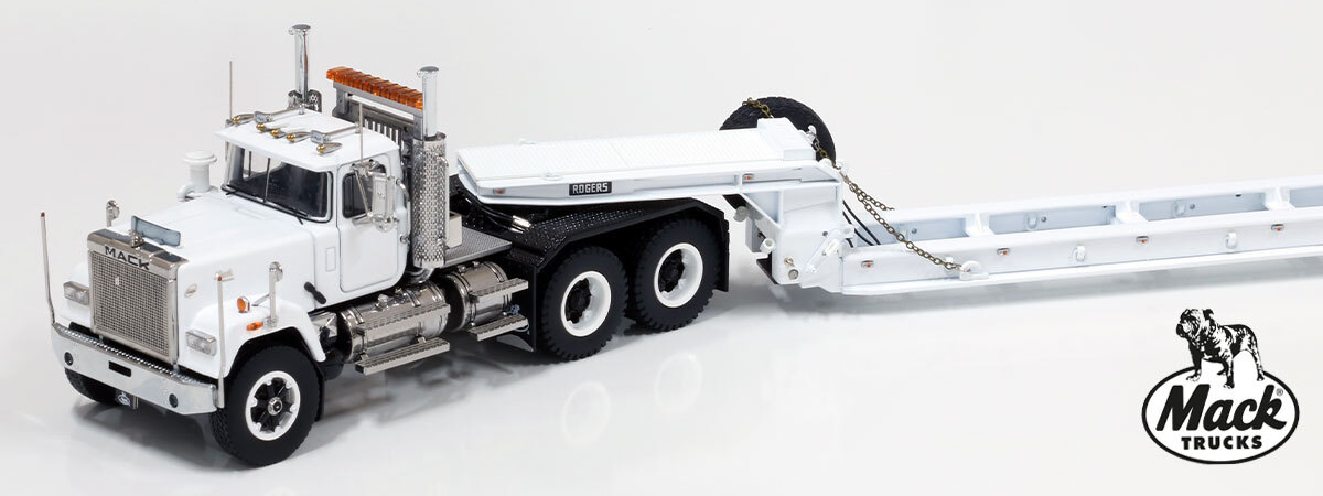 1:50 scale diecast model of Mack Superliner Heavy Spec Tandem Axle Tractor - White over Black