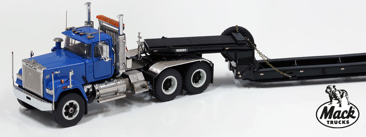 1:50 scale model of Mack Superliner Heavy Spec Tandem Axle Tractor - Blue over Black