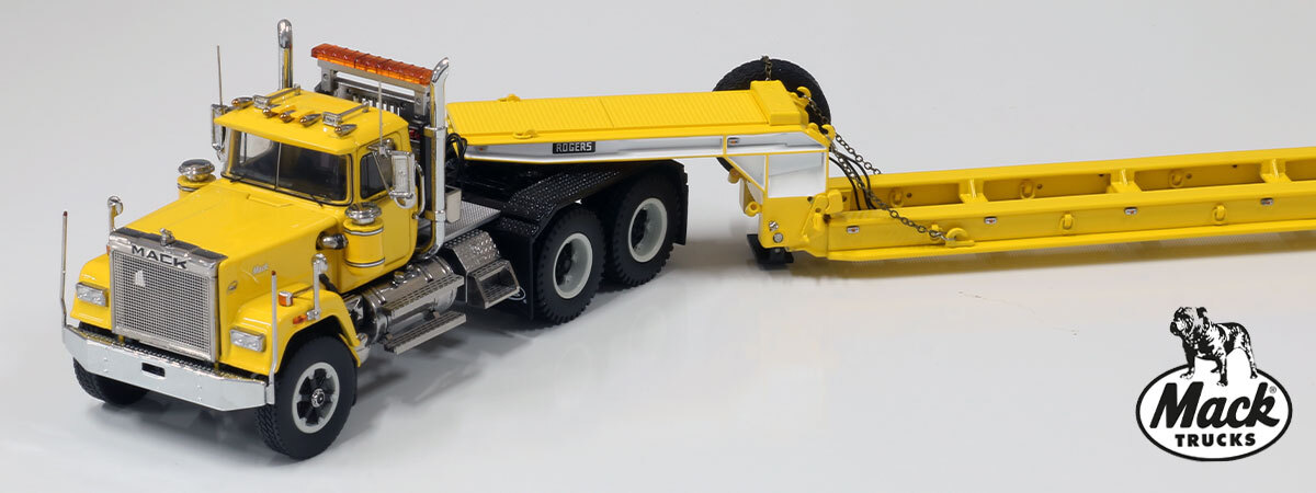 1:50 scale diecast model of Mack Superliner Heavy Spec Tandem Axle Tractor - Yellow over Black