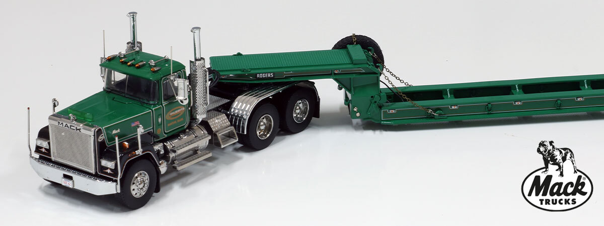 1:50 scale model of  G. Greene Construction 1986 Mack Superliner Tandem Axle Tractor