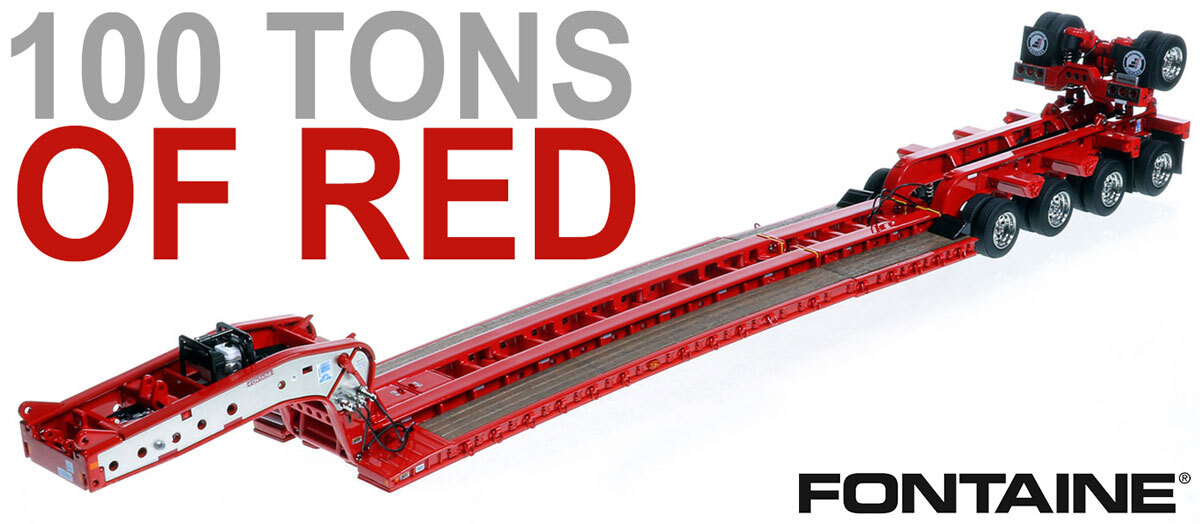 1:50 scale diecast model of Fontaine Magnitude 80 - 100-Ton 5-Axle Drop Side Rail Trailer - Viper Red