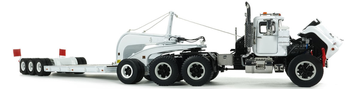 1:50 Scale Diecast Model of Mack R600 with Talbert 60-Ton Cableneck Lowbed Trailer - White