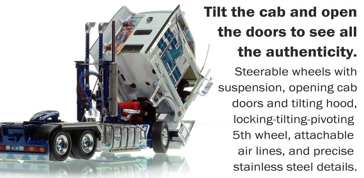 Functionality of 1:50 scale diecast model of  Kenworth K200 2.8m Cab Tractor - Mactrans Heavy Haulage "The Outcast" AU