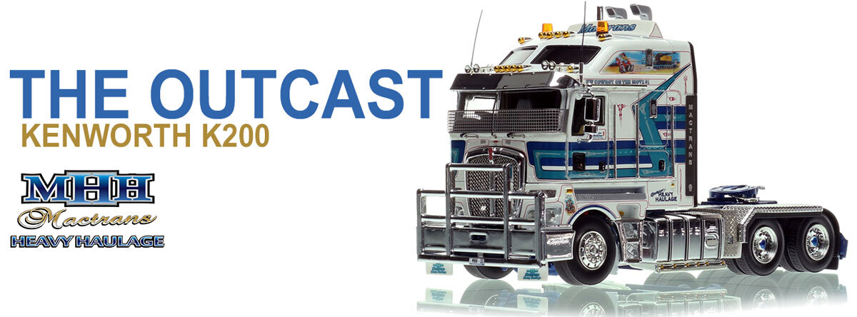 1:50 scale diecast model of  Kenworth K200 2.8m Cab Tractor - Mactrans Heavy Haulage "The Outcast" AU