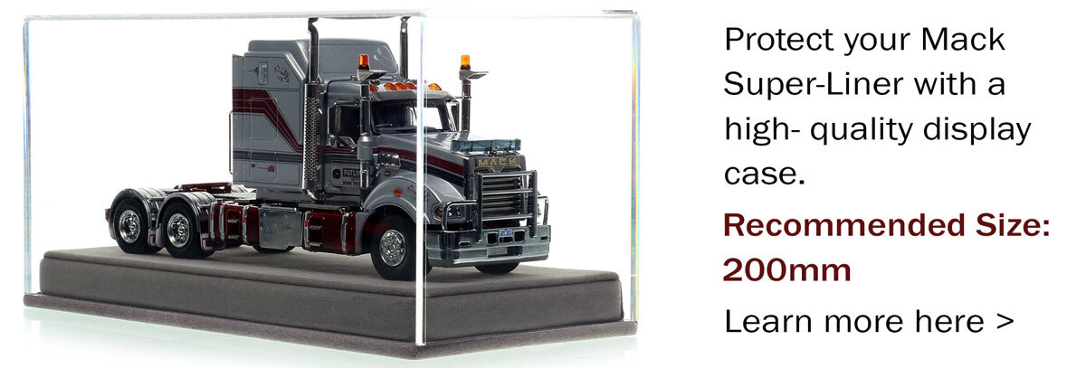 Display case for 1:50 scale model of Mack Super-Liner Tandem-Axle Sleeper - Patlin Transport AU