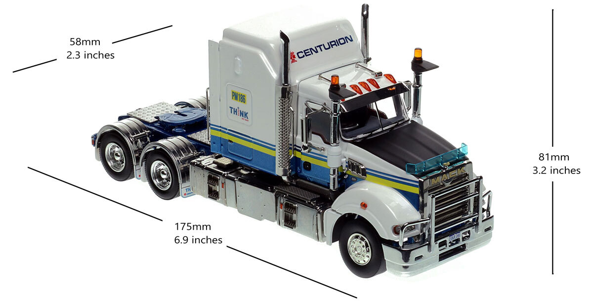 Dimensions of 1:50 scale Mack Super-Liner Tandem-Axle Sleeper - Centurion Transport AU