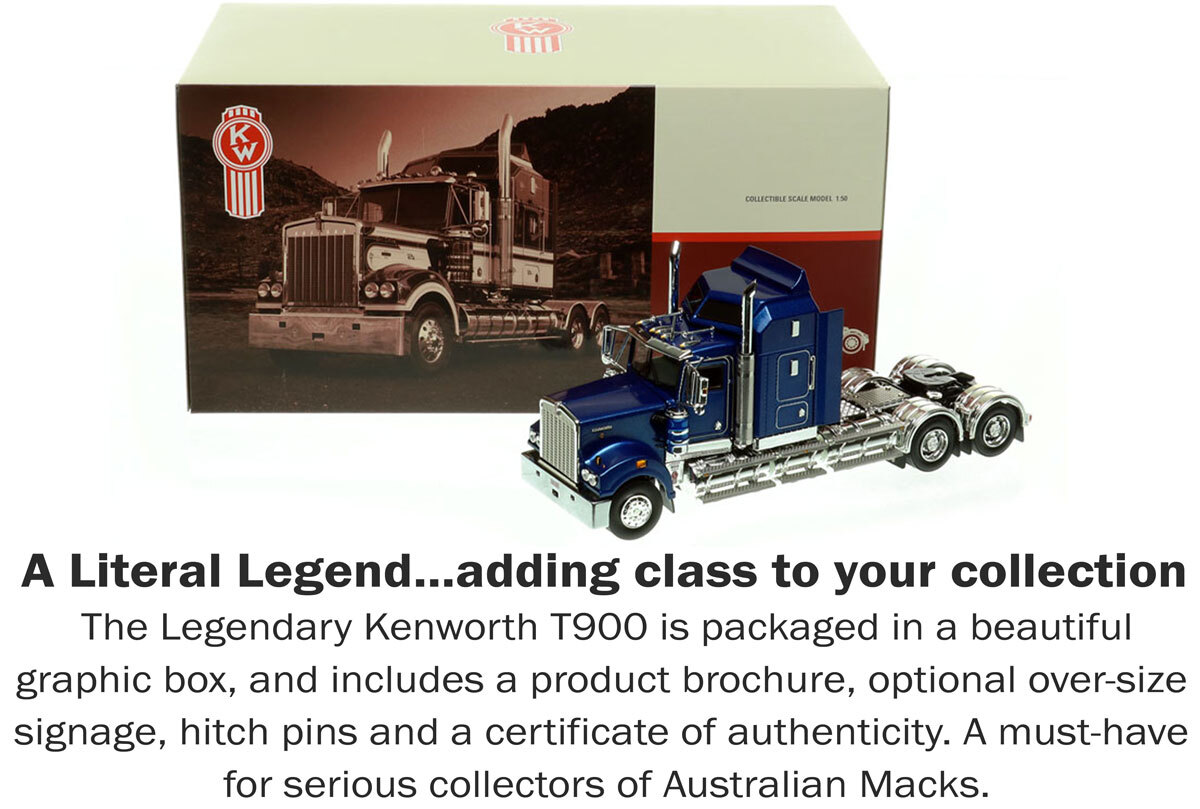 Inclusions with 1:50 scale model of Kenworth T900 Tandem Axle Tractor - Metallic Blue AU
