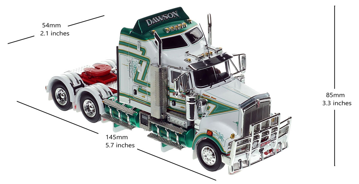 dimensions of 1:50 scale diecast model of Kenworth T909 Tandem Axle Tractor - Dawson AU