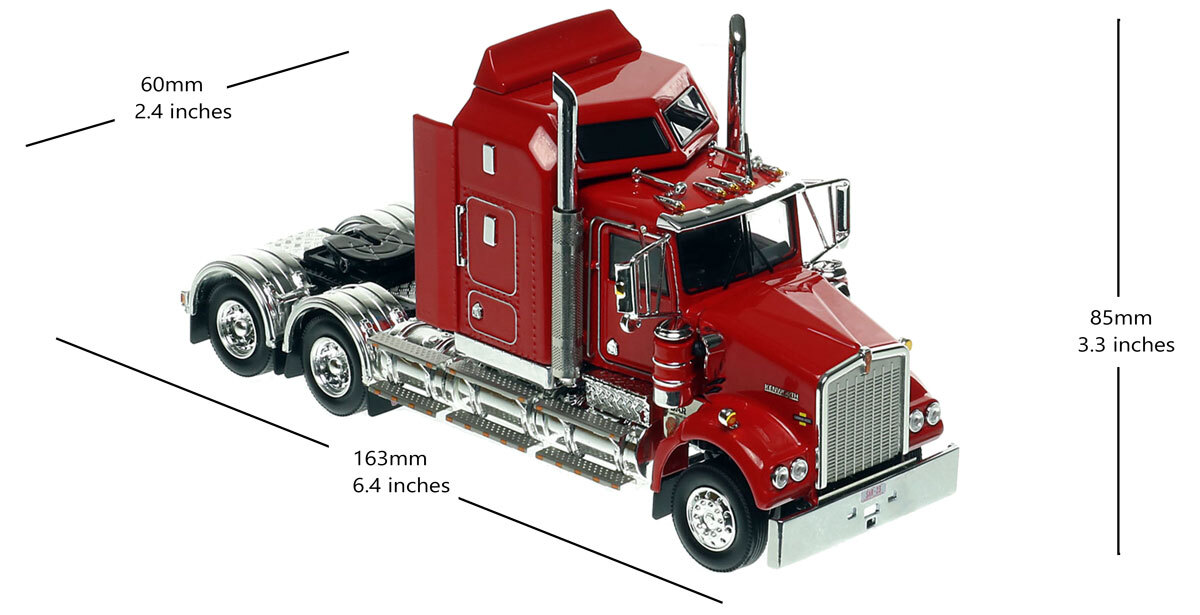dimensions of i:50 scale diecast model of Kenworth Legend SAR - Rosso Red AU