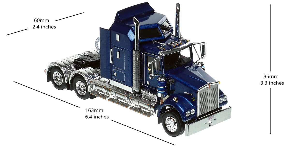 dimensions of 1:50 scale diecast model of Kenworth Legend SAR - Metallic Blue AU