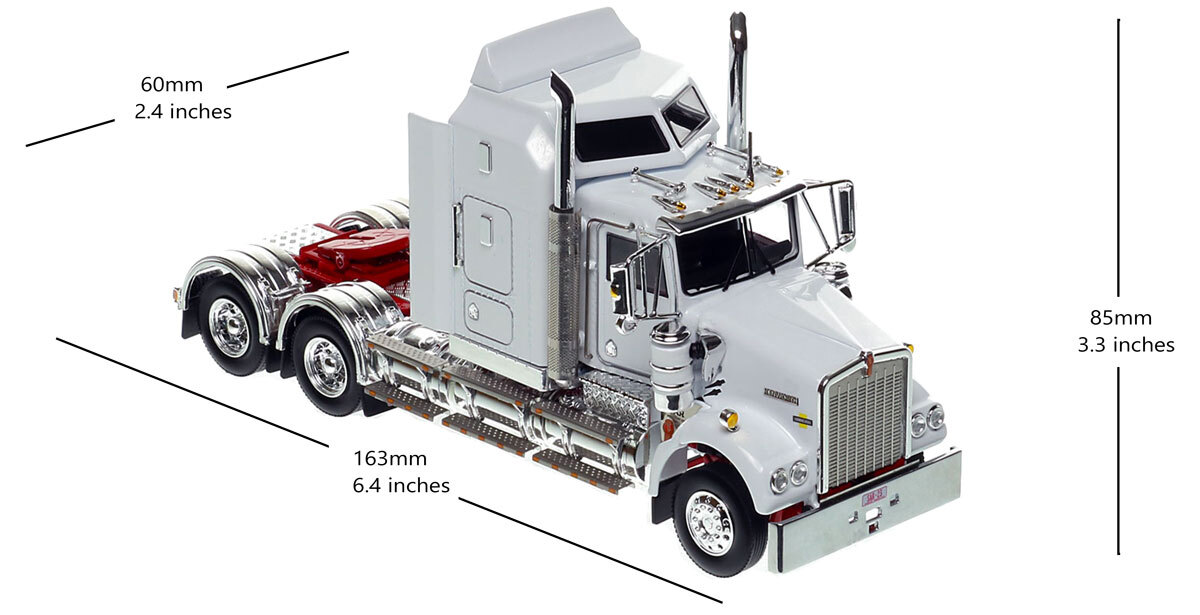 dimensions of 1:50 scale diecast model of Kenworth Legend SAR - White/Red AU