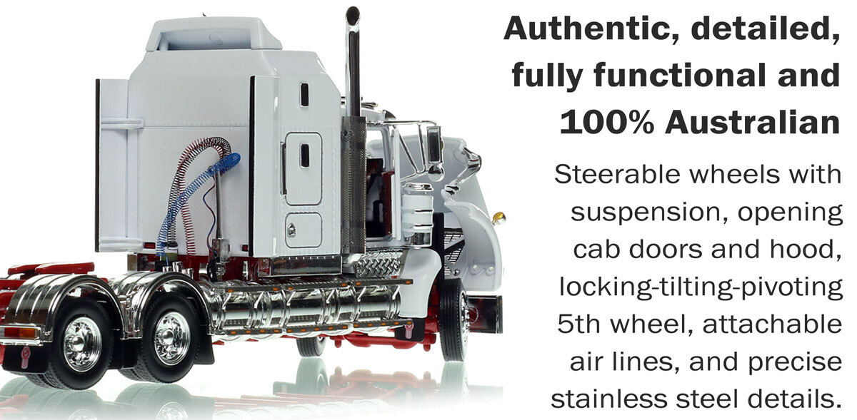 functions of 1:50 scale diecast model of Kenworth Legend SAR - White/Red AU