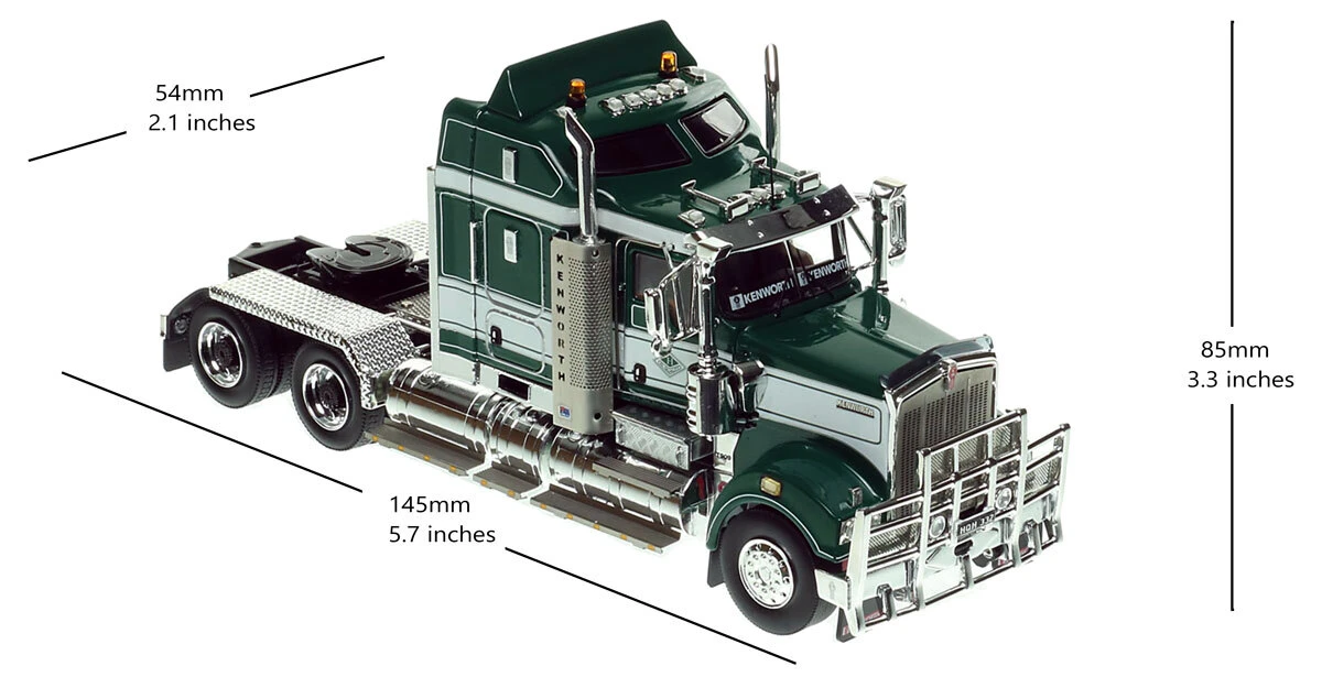 dimensions of 1:50 scale diecast model of Kenworth T909 Tandem Axle Tractor - Hi-Quality Group AU