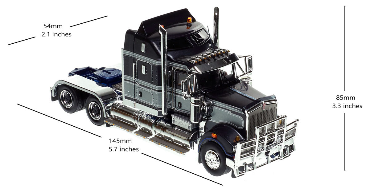 dimensions of 1:50 scale diecast model of Kenworth T909 Tandem Axle Tractor - Bandit-1 AU